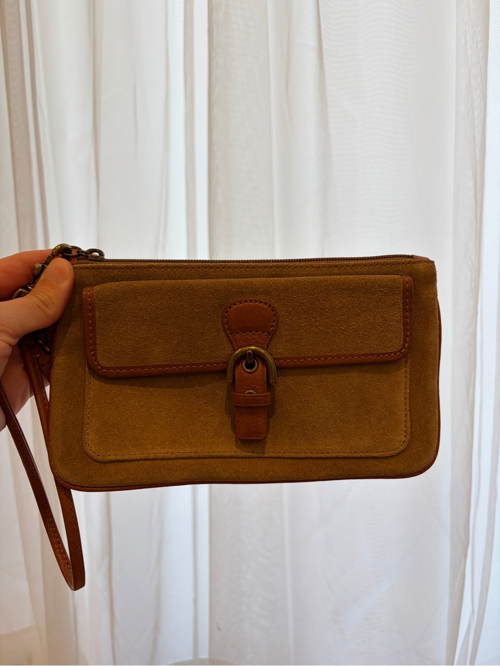 Coach Tan Suede Wristlet with Brown Leather Trim